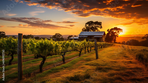 A picturesque summer vineyard at sunset. photo