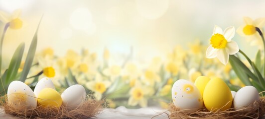 Easter holiday celebration banner greeting card banner - White yellow easter eggs in a bird nest basket and yellow daffodils flowers