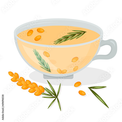 Cup of sea buckthorn tea. Illustration of hot healthy drink isolated on white background
