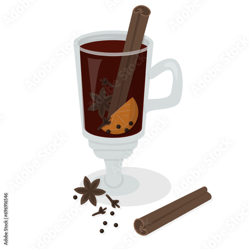 Glass of mulled red wine. Illustration of alcoholic drink with spices and slice of orange isolated on white background