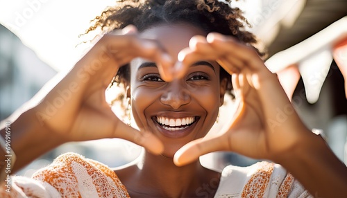 Close up image of smiling woman in swimwear on the beach making a heart shape with hands , Pretty joyful hispanic woman laughing at camera outside , Healthy lifestyle, self love and body care.