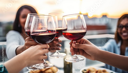 People clinking red wine glasses on rooftop dinner party , Happy friends eating meat and drinking wineglass at restaurant patio , Food and beverage lifestyle with guys and girls dining outdoor photo