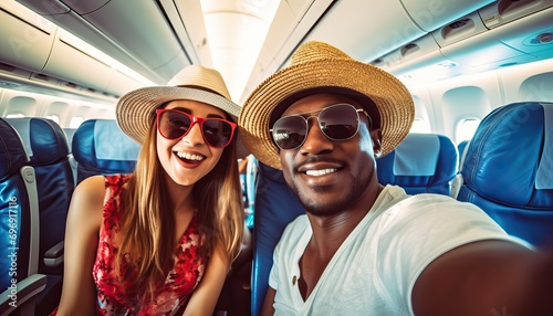 Happy tourist taking selfie inside airplane , Cheerful couple on summer vacation , Passengers boarding on plane , Holidays and transportation © Malynka