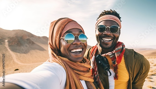 Happy couple of travelers taking selfie picture in rocky desert , Young man and woman having fun on summer vacation , Two friends enjoying summertime moment , Life style and travel.