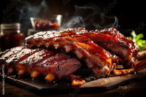 Close up of juicy barbecue pork ribs, expertly sliced and seasoned for mouthwatering delight photo