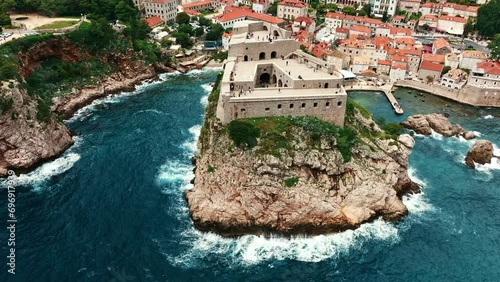 Aerial view of Dubrovnik Old Town fortress, Croatia. Historic centre of Croatia, major tourist attraction in Europe in summer. photo