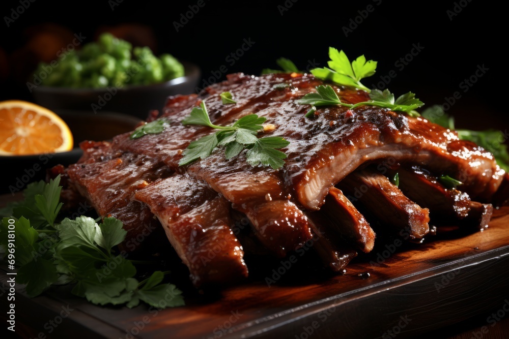 Close up of mouthwatering roasted barbecue pork ribs with succulent slices of tender meat