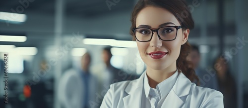 Smart young woman scientist wearing white coat and glasses in Science Laboratory room background.
