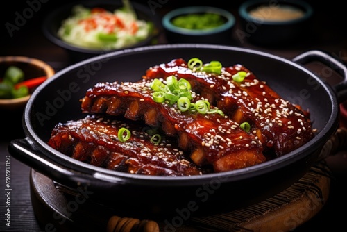 Close up of mouthwatering roasted barbecue pork ribs with juicy and flavorful slices of tender meat