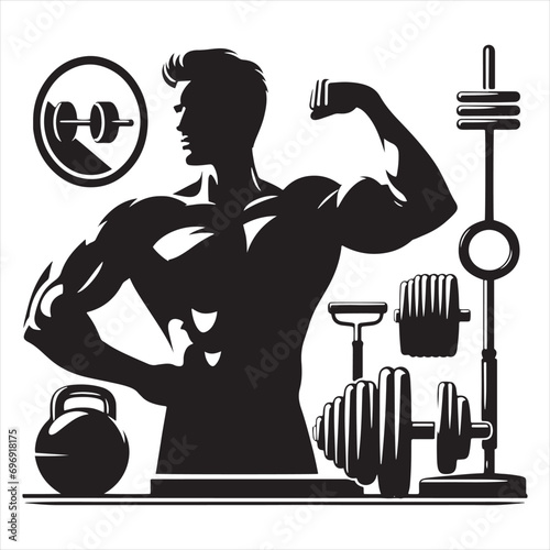 Sculpted Muscles in Silhouette Art: Muscular Boy Gym Silhouette Illustrates the Intensity of Gym Workouts with Striking Black Exercise Poses - Muscular boy gym Silhouette
