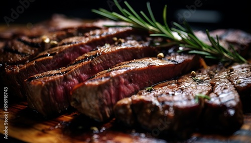 Succulent, juicy ribeye steak slices, showcasing mouthwatering tenderness and rich flavor photo