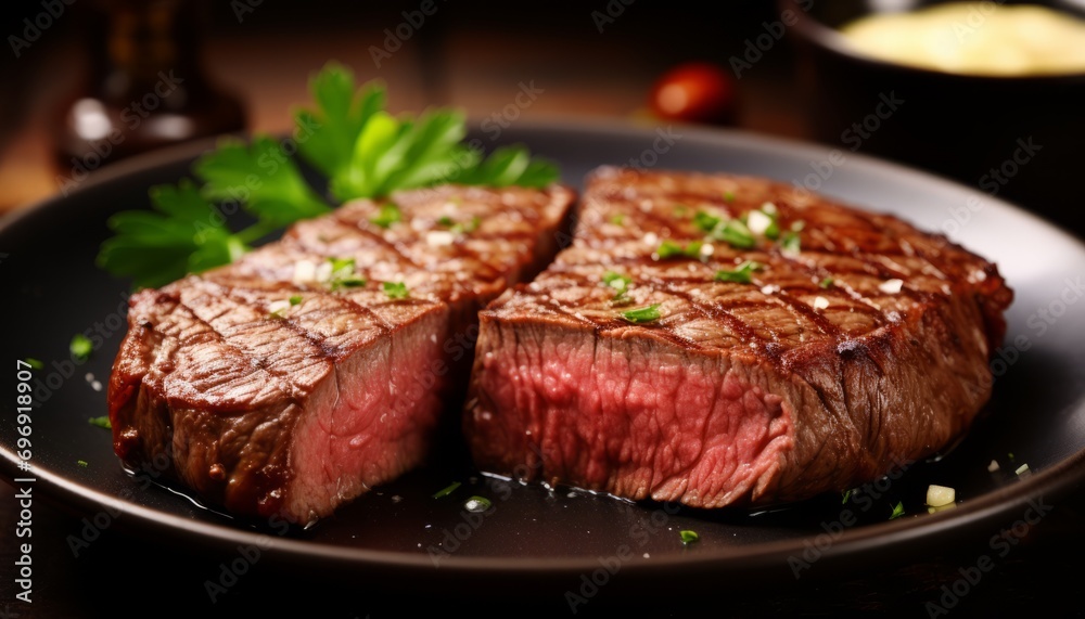 Close up of succulent ribeye steak slices with mouthwatering tenderness and rich flavor