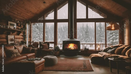 In a snowy woods, a cozy house with a warm fireplace. Peek out the window, and you'll see snow falling down photo
