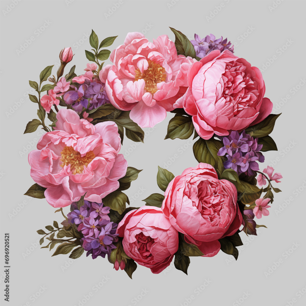 Round peonies and spring flowers wreath isolated on a changeable background. Vintage watercolor painting style vector illustration.