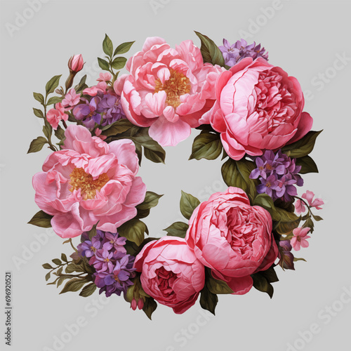 Round peonies and spring flowers wreath isolated on a changeable background. Vintage watercolor painting style vector illustration.
