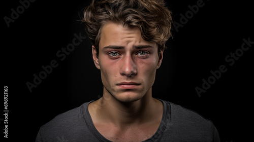 A young man is crying. The concept illustrates society's narrative that guys don't cry.
