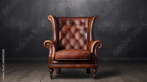 Leather armchairs placed in a spacious room with a plain color background.