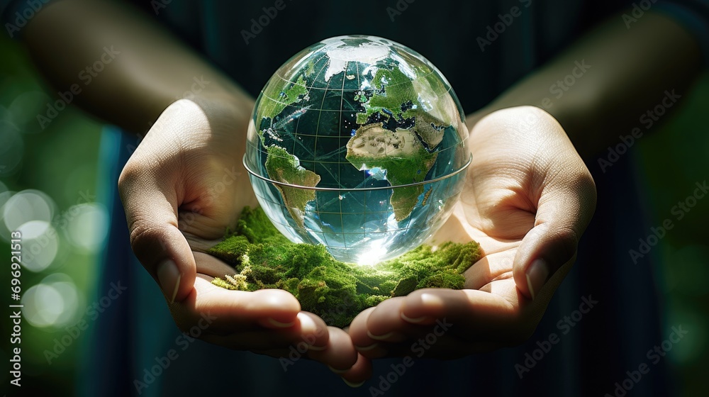 Hands holding glass globe world In green forest with warm sunlight. earth day environment conservation concept. Hands holding glass globe world In green forest with warm sunlight. earth day environment conservation concept.