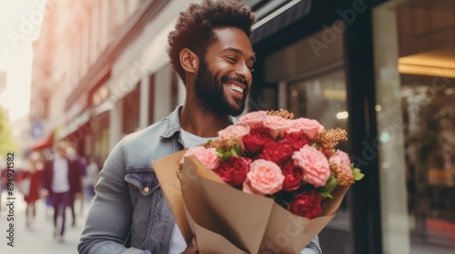 A man prepares to surprise his girlfriend with a beautiful bouquet of flowers. Valentine's Day lifestyle Concept. #696921582