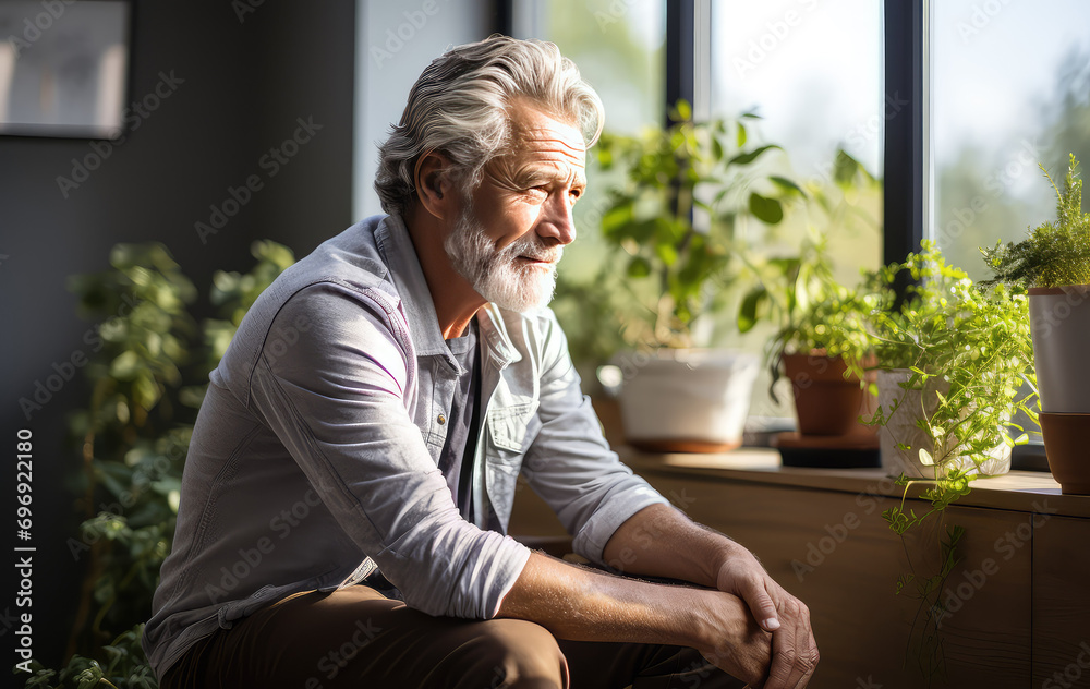 Close-up portrait of brooding lonely mature elderly man in room Close-up portrait of brooding lonely mature elderly man in room