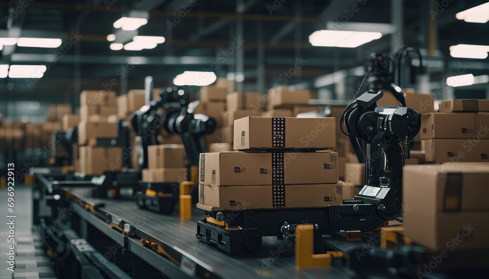 Close up of automation and robots in shipping warehouse for e-commerce and online shopping