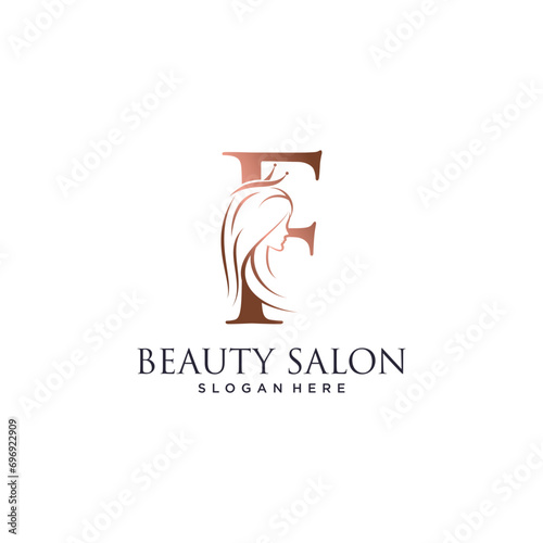 Woman beauty logo design vector illustration with letter f and crown icon