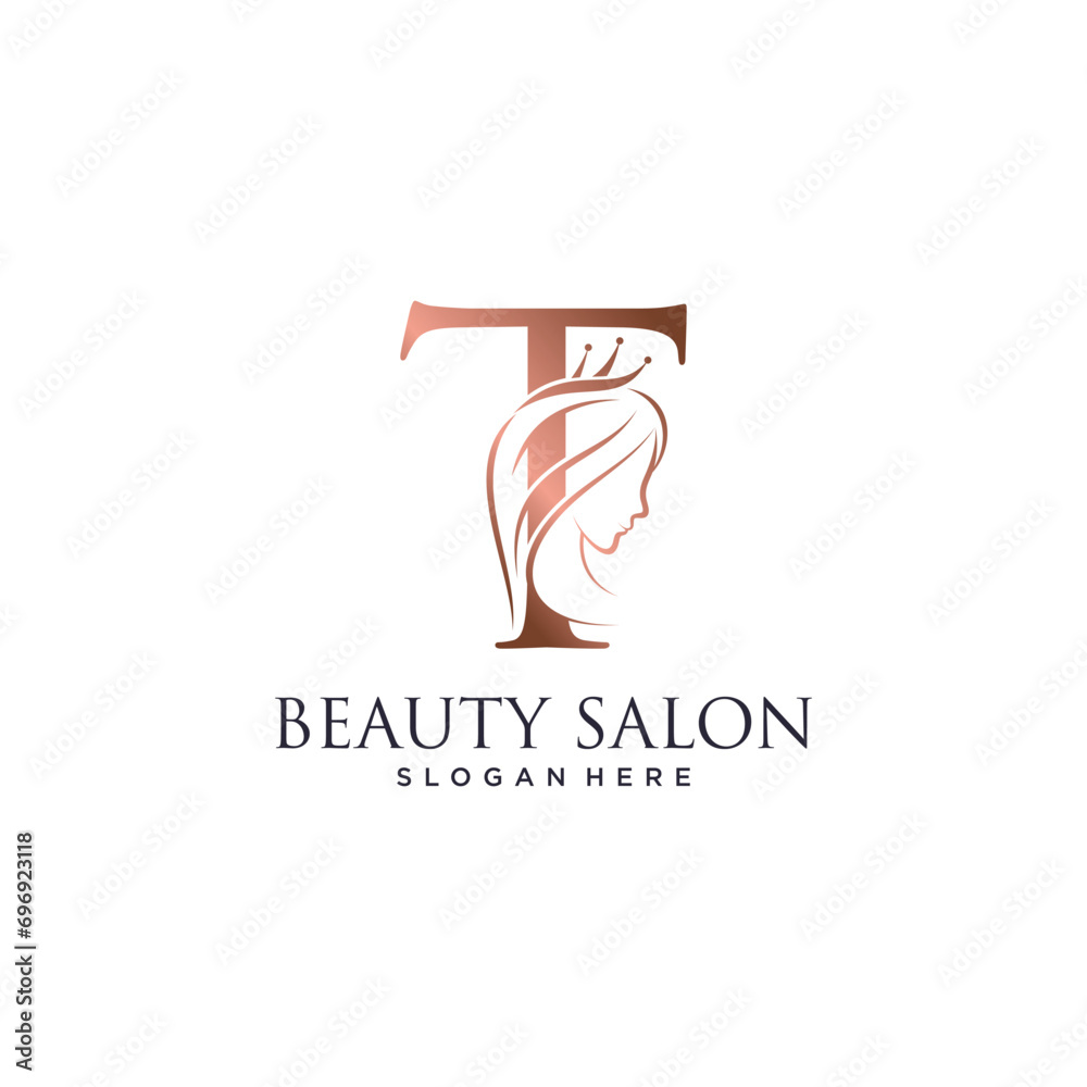 Woman beauty logo design vector illustration with letter t and crown icon Woman beauty logo design vector illustration with letter t and crown icon