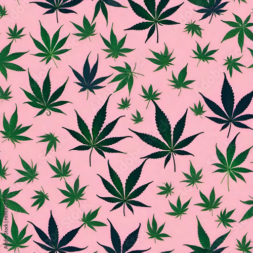 Cannabis marijuana green plant leaves on pink background © Mathew