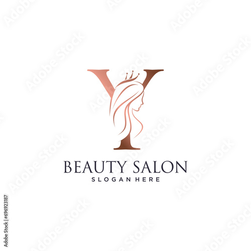 Woman beauty logo design vector illustration with letter y and crown icon photo