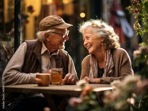 A senior couple enjoying an espresso at a quaint outdoor cafe, sharing a moment of conversation and laughter, surrounded by blooming flowers and a cobblestone street