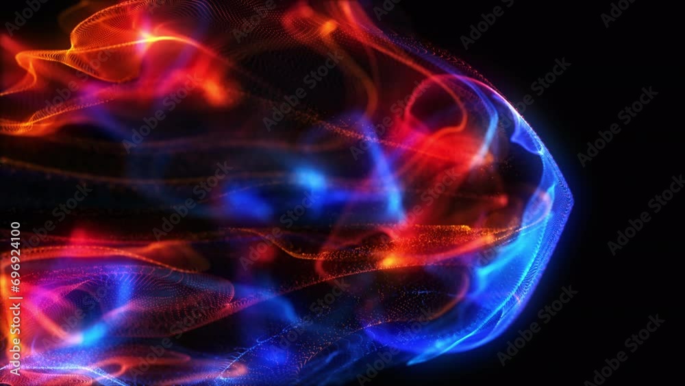 Bright neon glowing fluid background. Fire and ice animation of glowing particles mixing together. Liquid motion of fiery red and icy blue particles. Fluid motion. Technology, Artificial Intelligence. Bright neon glowing fluid background. Fire and ice animation of glowing particles mixing together. Liquid motion of fiery red and icy blue particles. Fluid motion. Technology, Artificial Intelligence.