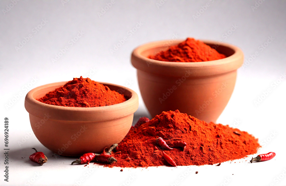 Chilly powder with red chilly in clay pots isolated on white background Chilly powder with red chilly in clay pots isolated on white background