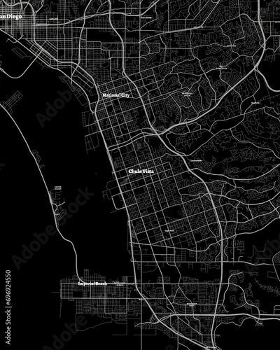 Chula Vista California Map, Detailed Dark Map of Chula Vista California