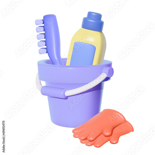 Bucket with gloves, a brush, and cleaning agent, 3D vector isolated.