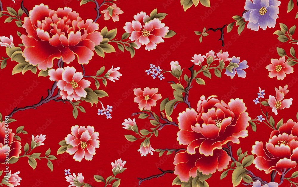 Chinese flower pattern on red watercolor paper