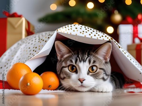 American wirehair cat breed lies in a gift bag. There are tangerines nearby. In the background there is a Christmas tree and boxes with gifts. Postcard for Christmas and New Year. photo