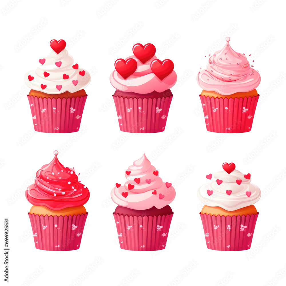 set of Pink and Red Valentine's cupcakes with hearts vectors on white background set of Pink and Red Valentine's cupcakes with hearts vectors on white background