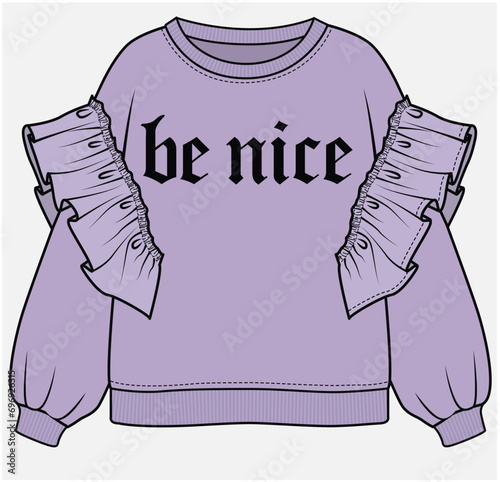 DROP SHOULDER SWEAT SHIRT WITH FRILL DETAIL DESIGNED FOR TEEN AND KID GIRLS IN VECTOR ILLUSTRATION FILE