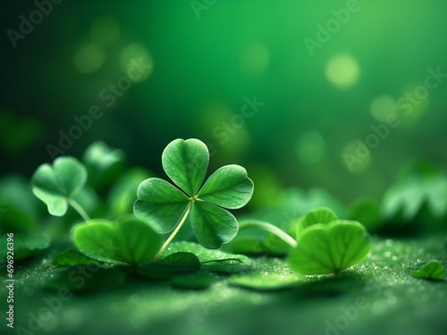 green background happy clover for st. patrick's day, blurred background with sparkles