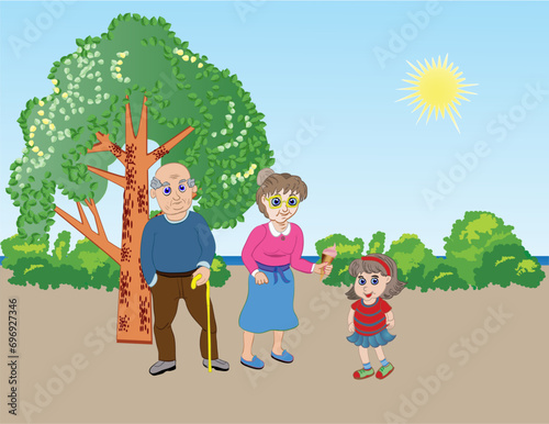 Grandparents and granddaughter on the beach by the sea.Vector illustration.