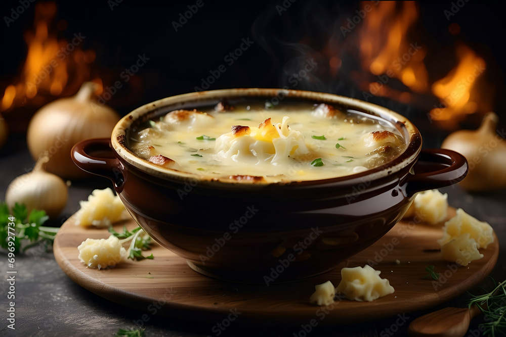 dish appetizing onion soup with cheese, French dish, European cuisine dish appetizing onion soup with cheese, French dish, European cuisine