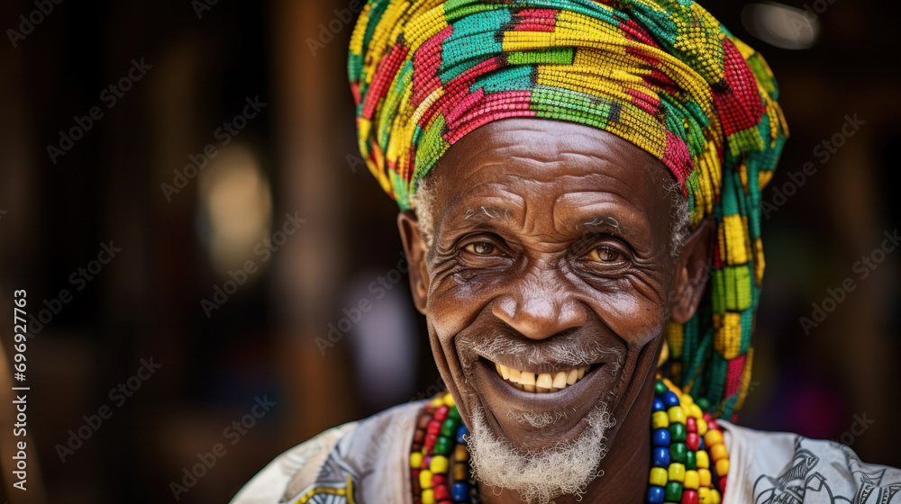 Closeup shot of happy senior african man in tribal shirt looking away and smiling, portrait of positive black bearded guy in traditional african costume, selective focus with free space