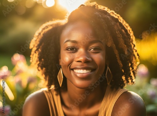 African american smiling woman model sitting on garden, face closeup portarit. photo