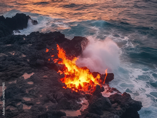 Vulkanauspruch, glühende Lava läuft ins Meer, Generative AI photo