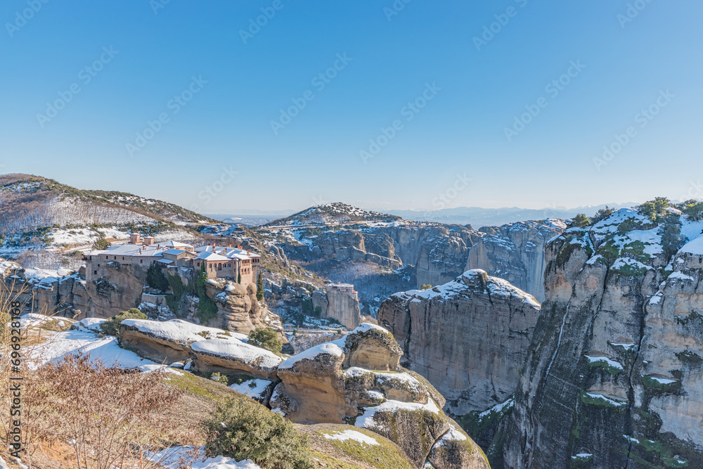 Panoramic view of Meteora monastery on the high rock in winter time, Greece.