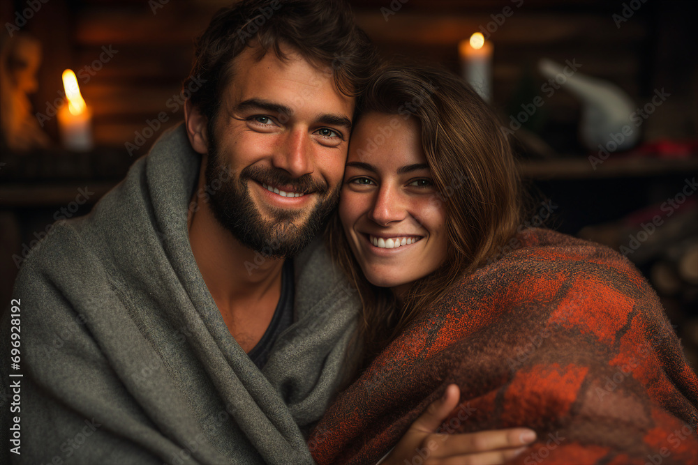 AI generated image of cute people cozy couple enveloped in a warm blanket together