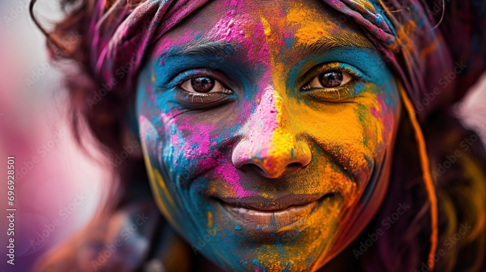 A close-up of a Holi festivalgoer's face, covered in a spectrum of colors, conveying the individuality and collective spirit of the event