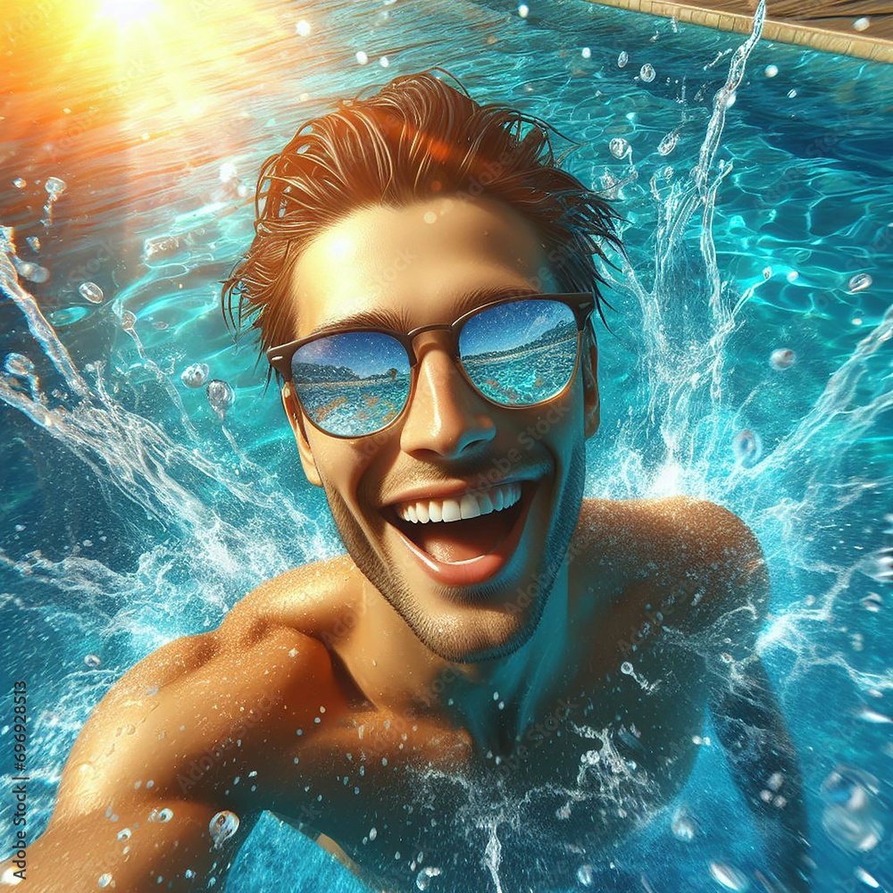Naklejka premium young man selfie with pool party . Generative Ai