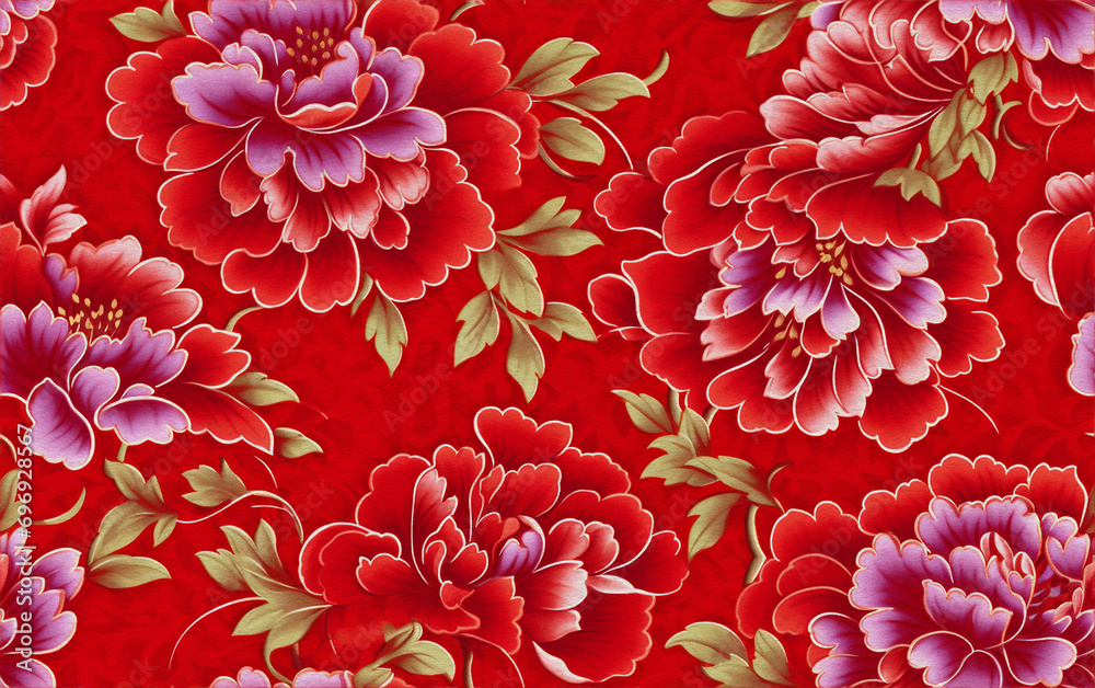 Chinese flower pattern on red watercolor paper Chinese flower pattern on red watercolor paper