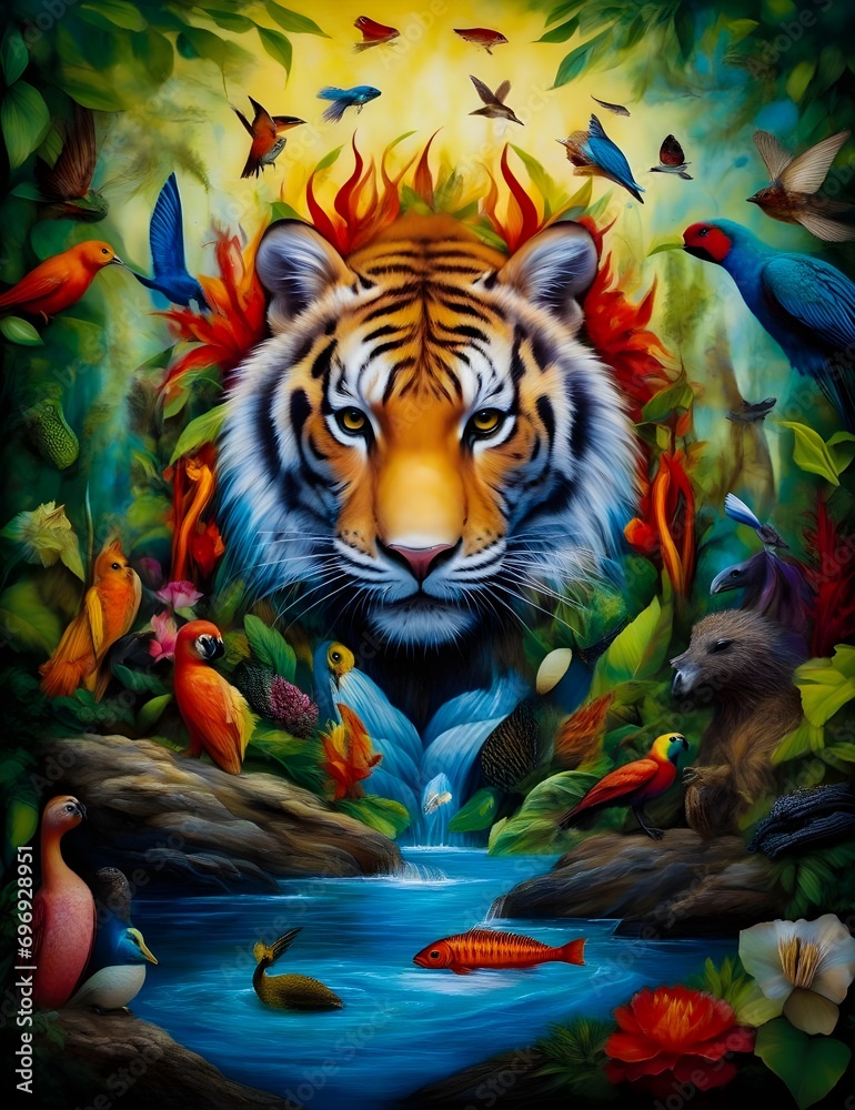  a stunning painting of a tiger in a pond surrounded by many small fish.